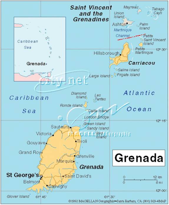Mapa de Granada, mostrando Carriacou e Petite Martinique no norte, próximas às Ilhas Granadinas